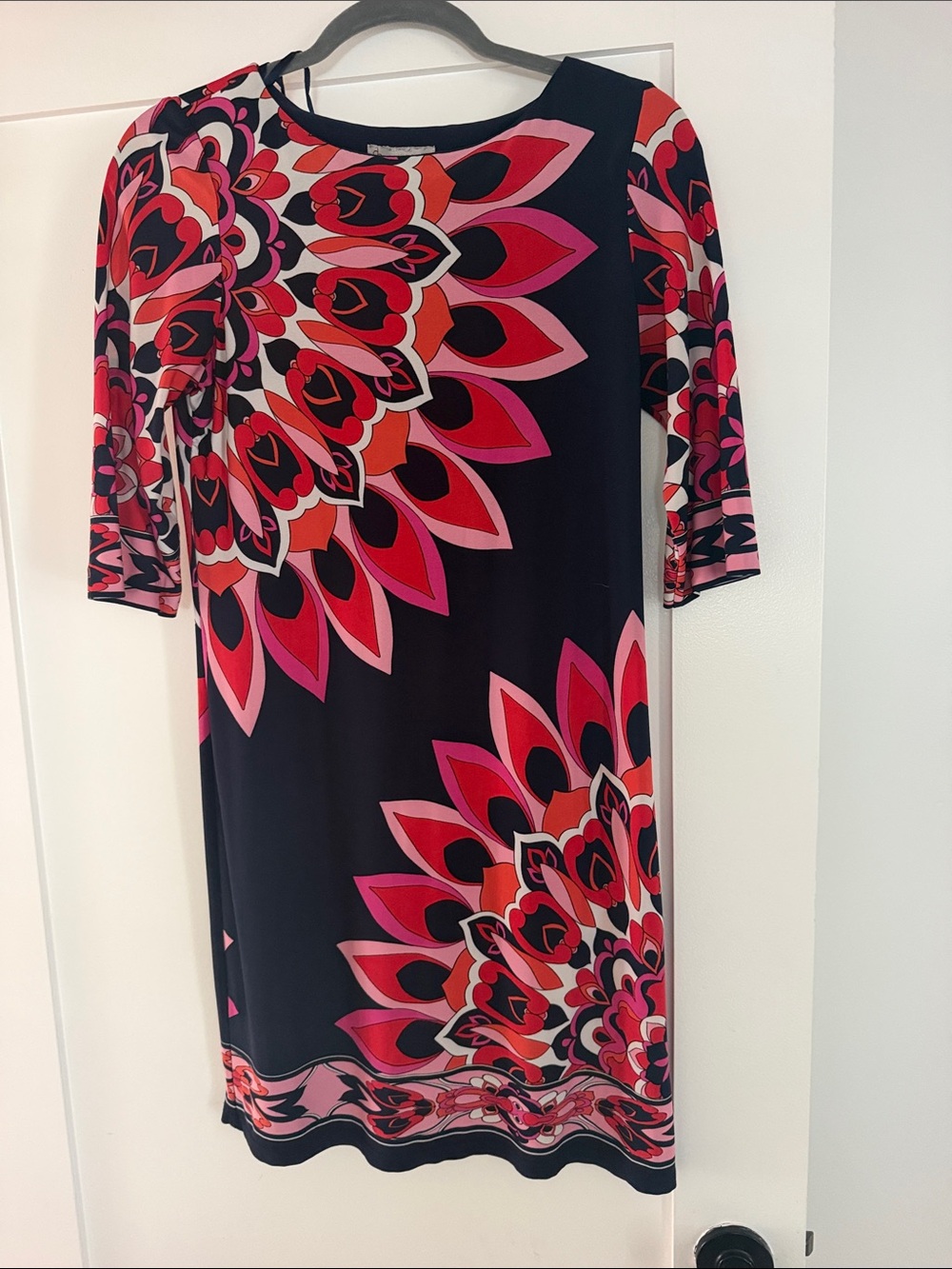 dressbarn Black Shift Dress with Pink & Red Floral Motif